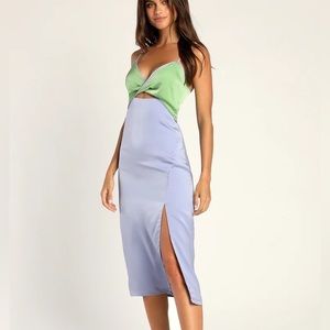 Lulus color block satin midi dress light blue